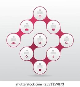 Plantilla de infografía paso a paso con 9 pasos, opciones, piezas o procesos.