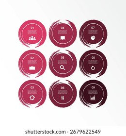 Plantilla de infografía paso a paso con 9 opciones, piezas o procesos.