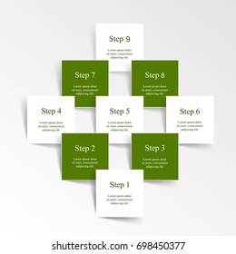 Step By Step Infographic. Template With 9 Numbers And Text Can Be Used For Workflow Layout, Diagram, Chart, Number Options, Web Design, Business Presentation, Trainings.