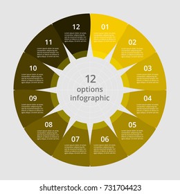 Step by step infographic. Yellow template with 12 numbers can be used for workflow layout, diagram, chart, number options, web design, business presentation, trainings.