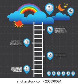 Step by Step Infographics ladder with weather icon and map pointer numbers set, Black background, Vector EPS10