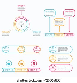 Step by step infographics set. 3 steps, options or levels. Outline infographics template. Vector illustration.