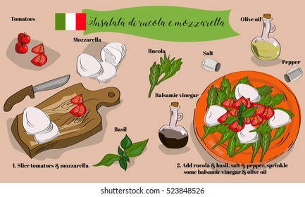 Step by step insalata di rucola e mozzarella recipe with hand drawn ingredients. Italian cuisine.