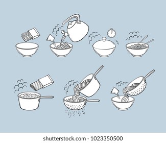 Step by step instant noodle and pasta cooking instructions, isolated black and white sketch style vector illustration. Cooking instant noodles and spaghetti, hand-drawn instructions, black and white