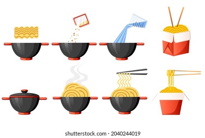 Step by step instant noodle and pasta cooking instructions vector illustration on white background