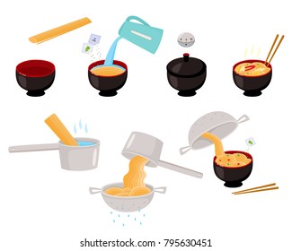 Step by step instant and udon noodle cooking instructions, vector illustration isolated on white background. Step by step instructions on cooking Asian, Chinese, Japanese noodle, flat vector set