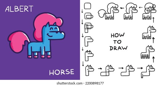 Step by step instructions for drawing horse for kids. Drawing scheme of cute cartoon doodle pony for child. Handdrawn illustration with line art animal. Drawing lesson for children. How to draw