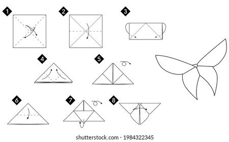 Instrucciones paso a paso sobre cómo hacer mariposa de origami. DIY de la ilustración de la guía de la línea monocromática del vector de papel.