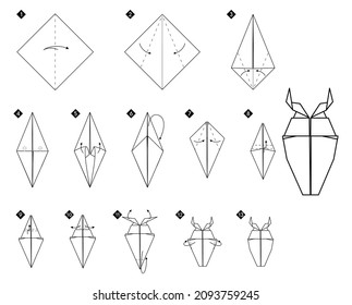 Instrucciones paso a paso sobre cómo hacer escarabajo de origami. Sencillo tutorial de DIY de línea negra monocromo aislado en blanco.