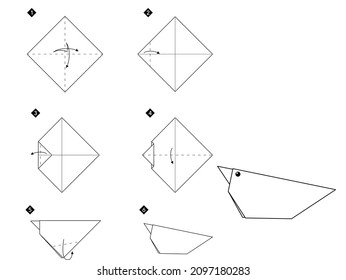 Schritt für Schritt Anleitungen, wie man Origami Vogel macht. Einfache monochrome schwarze Linie DIY Tutorial einzeln auf weiß.