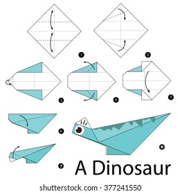 step by step instructions how to make origami A Dinosaur.