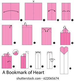 Step by step instructions how to make origami A Bookmark of Heart.