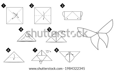 Step by step instructions how to make origami butterfly. DIY from paper vector monochrome line guide illustration.