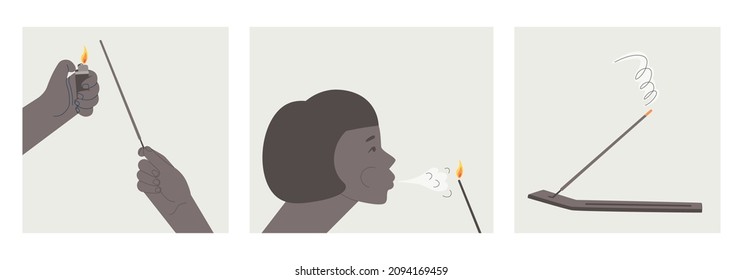 Step by step instructions for incense sticks. How to light and use aromatic incense. Vector flat illustration.