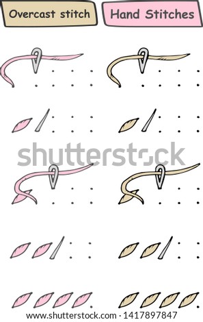 Step by step instructions for manual seam. Hand overcast stitches. Sketch with needle and thread. Illustration for books, magazines, sites about creativity, needlework, sewing, embroidery, tailoring.