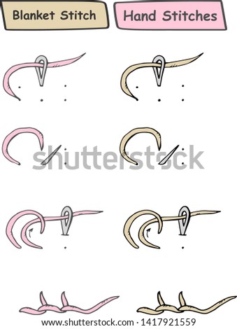 Step by step instructions for manual seam. Hand blanket stitches. Sketch with needle and thread. Illustration for books, magazines, sites about creativity, needlework, sewing, embroidery, tailoring.