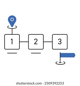 Paso a paso Diseño de iconos de viaje. Representa Secuenciación de Procesos, Eficiencia, Planificación de Flujo de Trabajo, Gestión de Proyectos. Icono de Vector con trazo editable.