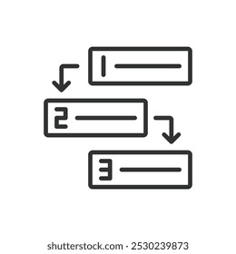 Passo a passo, no design da linha. Processo, guia, progressão, instruções, metodologia, aprendizagem sobre vetor de fundo branco. Ícone de traçado editável passo a passo