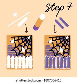 Step by step master class on making Halloween greeting card. Postcard with spiders, their web and pumpkin. Making postcard using paper, scissors and glue. Step 7 - seventh.