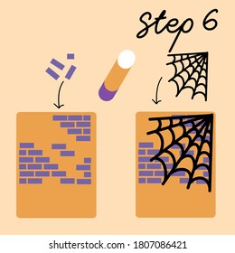 Step by step master class on making Halloween greeting card. Postcard with spiders, their web and pumpkin. Making postcard using paper, scissors and glue. Step 6 - sixth.