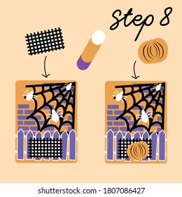 Step by step master class on making Halloween greeting card. Postcard with spiders, their web and pumpkin. Making postcard using paper, scissors and glue. Step 8 - eighth.