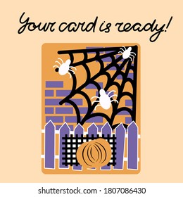Step by step master class on making Halloween greeting card. Postcard with spiders, their web and pumpkin. Making postcard using paper, scissors and glue. The finished postcard.