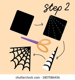 Clase maestra paso a paso para hacer la tarjeta de saludo de Halloween. Postal con arañas, su web y calabaza. Hacer postales usando papel, tijeras y pegamento. Paso 2 - segundo.