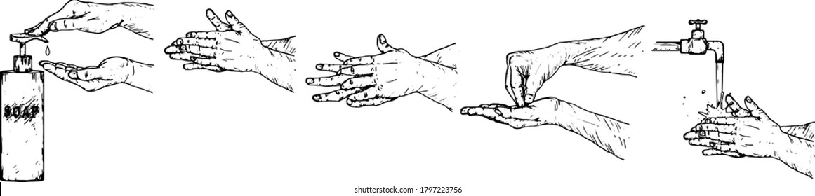 Step by step method of washing hands correctly. Hand drawn vector illustration.