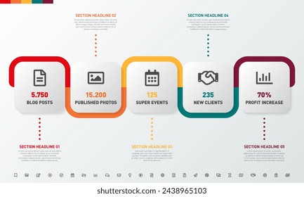 Step by step modern infographics template with sample text and set of icons - vector illustration