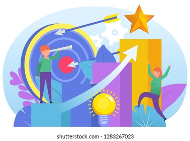 Step by step move to your goal, dream, target. Small people stand near big target, dream star. Poster for social media, web page, banner, presentation. Flat design vector illustration