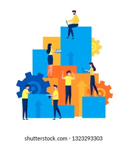 Step by step move to your goal, dream, target. Small people stand near big target, dream star. Poster for social media, web page, banner, presentation. Flat design vector illustration