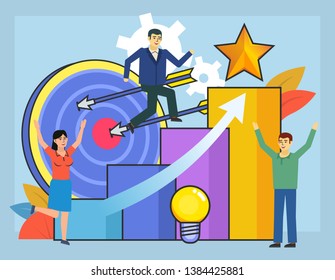 Step by step move to your goal, dream, target. People stand near big target, dream star. Poster for social media, web page, banner, presentation. Flat design vector illustration