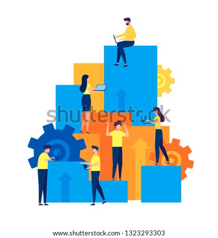 Step by step move to your goal, dream, target. Small people stand near big target, dream star. Poster for social media, web page, banner, presentation. Flat design vector illustration