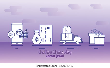 Step by step of online shopping concept. Online shopping transaction method. concept vector illustration flat design. Premium quality with purple background.