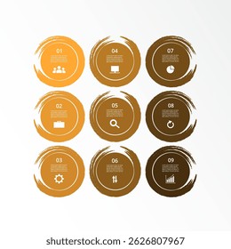 Paso a paso Plantilla creativa de infografía naranja con 9 opciones, partes o procesos.