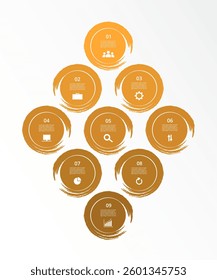 Step by step orange vector infographic template with 9 options, parts or processes.
