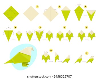 Step by step origami scheme. Instructions for bending and assembling paper bird, how to make polygonal parrot, kids toy. Handmade green pigeon cartoon flat style isolated vector concept