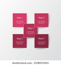 Passo a passo modelo infográfico rosa com 5 passos, opções, partes ou processos.