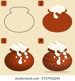 Paso a paso proceso de dibujo de maceta pongal desde el contorno hasta la ilustración final