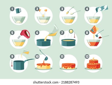 Preparación paso a paso de la tarta. Ingredientes para hornear y signos de preparación de alimentos. Elaborar platos para la masa y crema para la pastelería. Elementos de receta