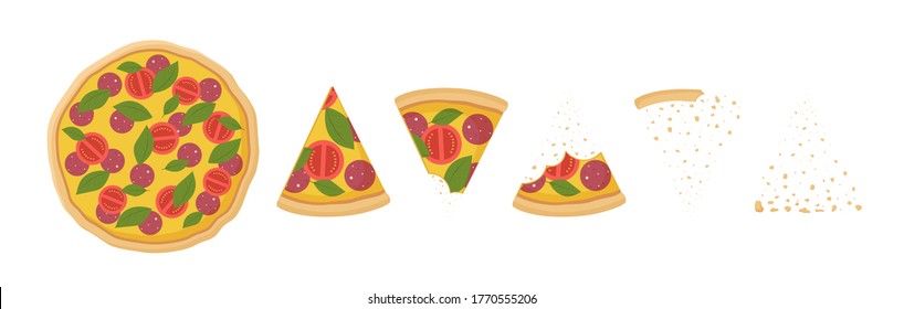 Step By Process Eating Pizza Illustration. Juicy Pepperoni With Mozzarella Eaten By Piece Crumbs Fresh Hot Appetizer Sausage Meat Tomatoes Delicious Italian Vector Fast Food Clipart.