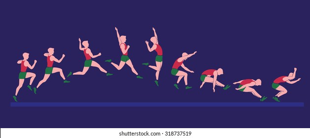 Step by step process of jump. Athletic exercise. Flat illustration