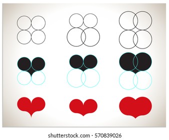 Step by step process, showing the creation of three hearts. Isolated vector illustration sign icon, with which you can create many different hearts.