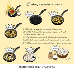 Step by step recipe of homemade popcorn in a pan. Cooking popcorn kernels at home. Hand drawn recipe.