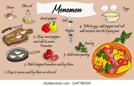 Step by step recipe of menemen. Turkish cuisine. Omelette with vegetables. Vector illustration.