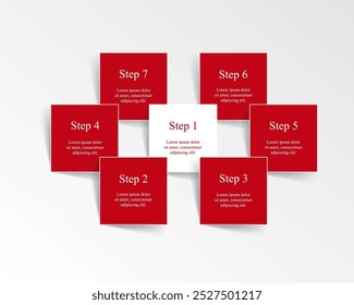 Step by step red infographic template with 7 options, parts or processes.
