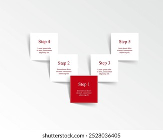 Passo a passo modelo infográfico vermelho com 5 opções, partes ou processos.