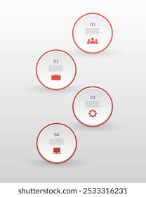 Step by step red infographic template with 4 steps, options, parts or processes.