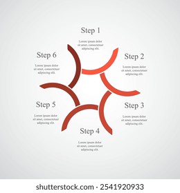 Modelo de infográfico vermelho passo a passo com 6 etapas, opções, partes ou processos.