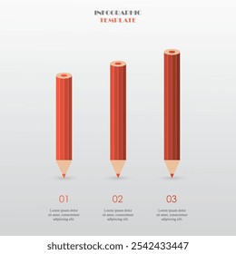 Plantilla de infografía roja paso a paso con 3 pasos, opciones, piezas o procesos. Concepto de lápices creativos.